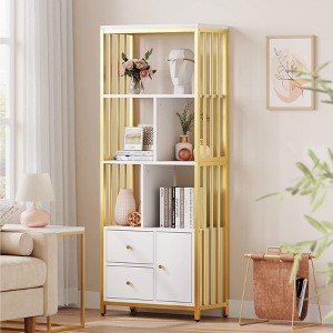 Gold & White Modern Bookshelf with 3 Drawers 4-Tier Tall Standing Bookcase Metal Frame Storage Rack for Bedroom Living Room Home Office, Gold - 1 of 4