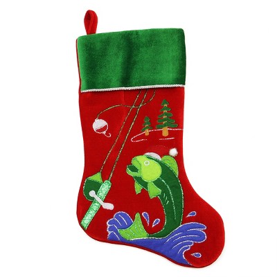 Northlight 19.5" Red Velveteen Fishing Themed Christmas Stocking with Green Cuff