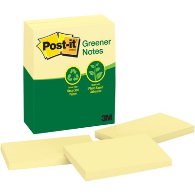 Post-it Recycled Paper Greener Notes, 3 x 5 Inches, Canary Yellow, Pad of 100 Sheets, pk of 12