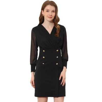 Allegra K Women's Office Mesh Semi-Sheer Sleeve V Neck Mini Dress