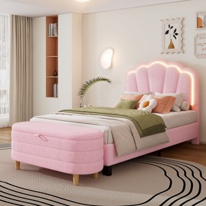NicBex Twin Upholstered Bed Frame with Ottoman and Elegant Flower-Shaped Headboard,Adjustable Headboard with LED Lights,Easy Assembly,Pink - 1 of 4