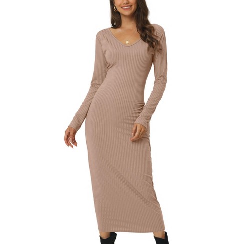 Seta T Women's V Neck Long Sleeve Fall Winter Casual Midi Dresses Brown  X-Large