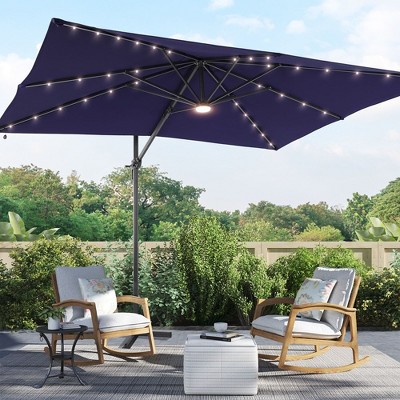 Sonkuki 10x8FT Round Offset Outdoor Patio Solar LED Cantilever Umbrella w/Aluminium Pole, 360° Rotation and Canopy Angle Adjustment