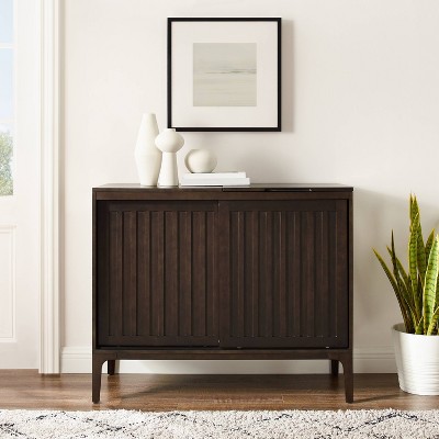 Sleek Dark Brown Slatted Media Console with Record Storage