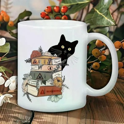 Charming Black Cat & Books Ceramic Mug – Insulated, Reusable Coffee Cup for Hot & Cold Drinks, Perfect Gift for