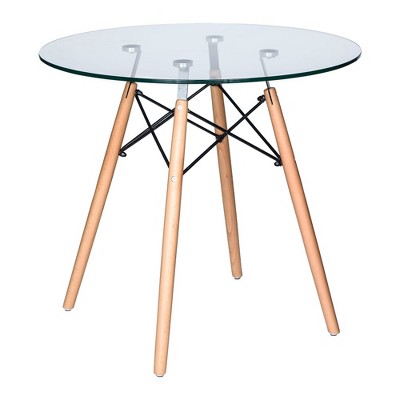 LeisureMod Round Bistro Top Dining Table with a Manufactured Wood Tabletop and Natural Wood Eiffel Base Dover Collection