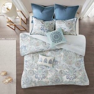 TopComfy Bedding Sets 8 Piece Cotton Floral Printed Reversible Comforter Set Cal King Cotton Fabric Floral For Bedrooms, Blue, 22.05"*20.87"*14.17" - 1 of 4