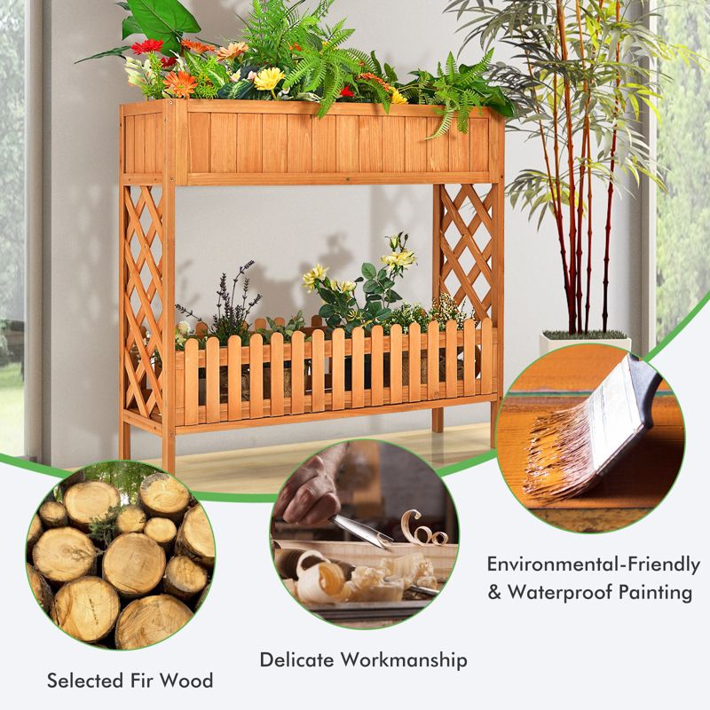Tangkula Outdoor 2-Tier Wood Planter Raised Garden Bed Elevated Planter Box Kit w/Liner & Shelf for Backyard Patio, 3 of 9
