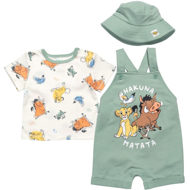 Disney Lion King Pumbaa Timon Simba Baby French Terry Short Overalls T-Shirt and Hat 3 Piece Set Newborn to Infant, 1 of 9