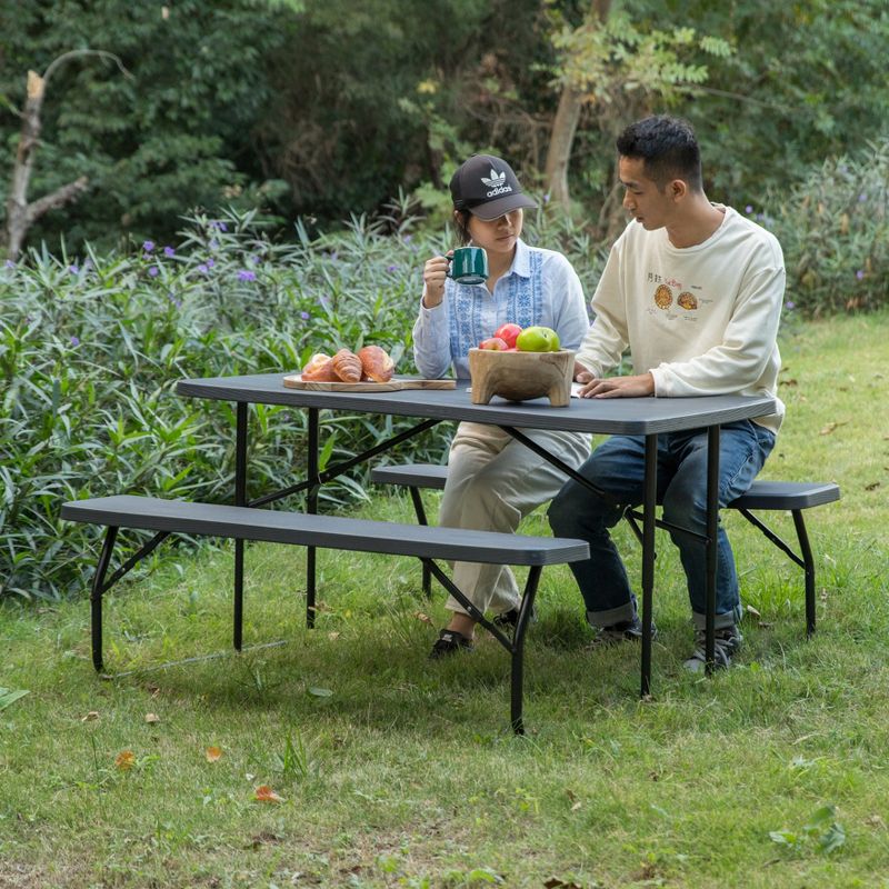 Gardenised Gray Outdoor Foldable Woodgrain Portable Picnic Table Set, 3 of 13