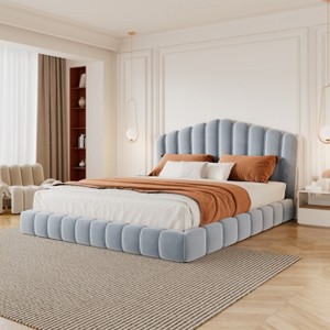 Queen Size Platform Bed Velvet Upholstered Floor Bed Frame with Shell-Shaped Headboard, No Box Spring Needed - ModernLuxe - 1 of 4