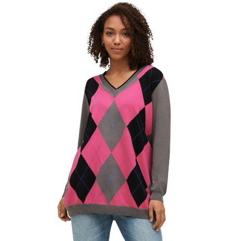 ellos Women's Plus Size V-Neck Argyle Sweater - M, Slate Hot Pink