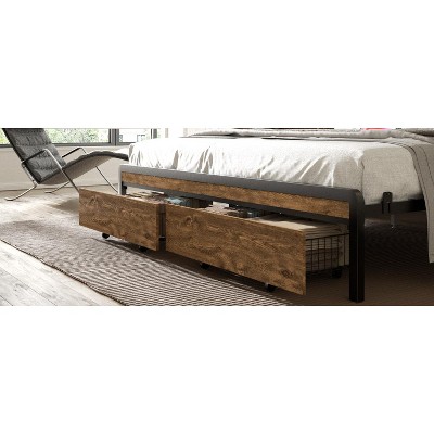 DOMETOUR Queen Metal Bed Frame w/ Storage Drawers, LED Light, Velvet Headboard, Outlet & USB, Heavy Duty, Brown Wood, No Box Spring Needed