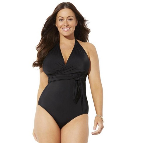 Swimsuits For All Women's Plus Size Faux Wrap Halter One Piece Swimsuit, 8  - Black : Target