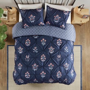 Madison Park 3pc Cassia Pintuck Microfiber Print Duvet Cover Set Navy Blue - 1 of 4