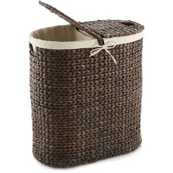 Casafield Oval Laundry Hamper with Lids and Removable Liner Bags, Woven Water Hyacinth 2-Section Laundry Basket for Clothes and Towels