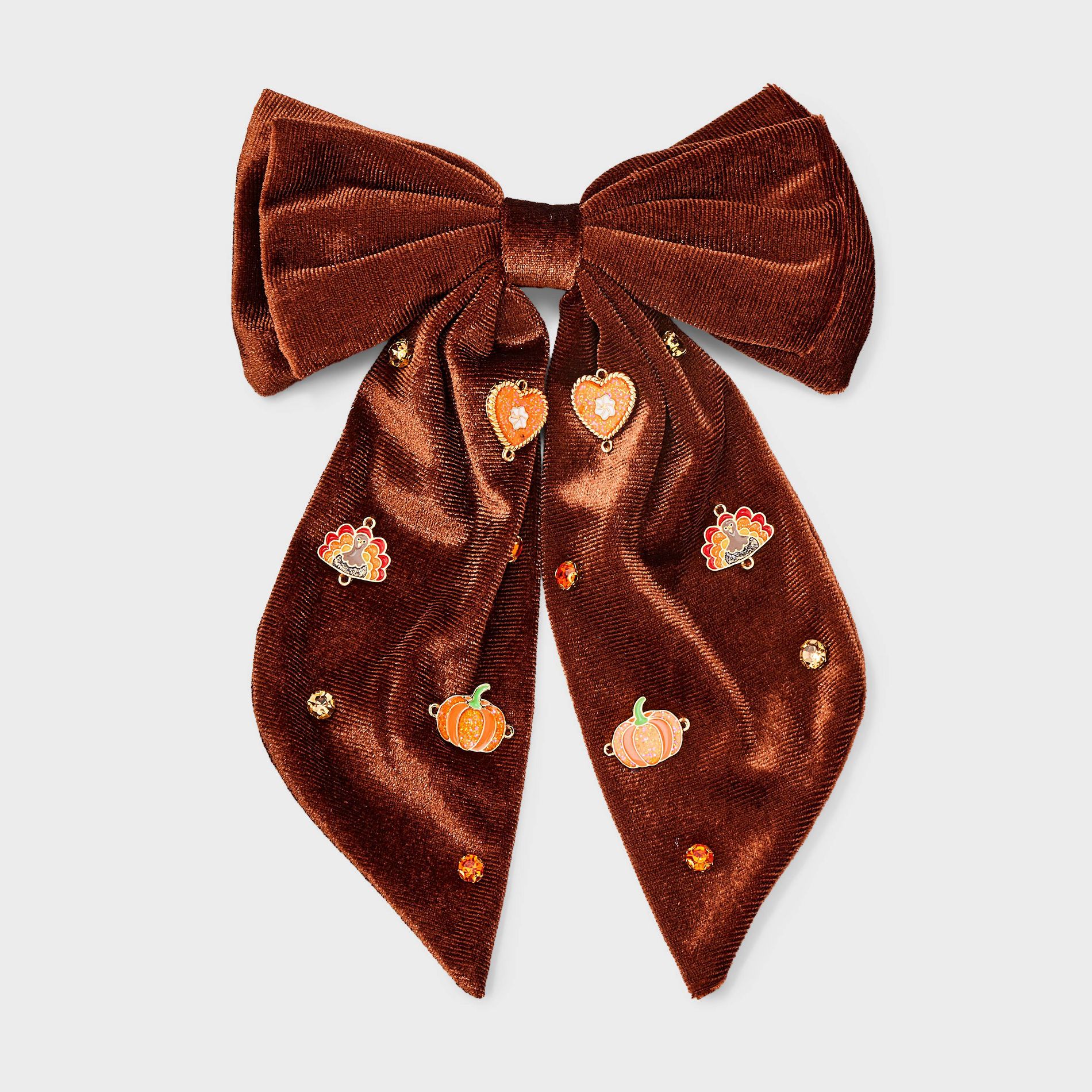 Thanksgiving Charm Embellished Hair Bow - Brown
