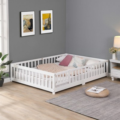 LOVMOR Montessori Floor Bed with Safety High Fence, Wood Kids Floor Beds Frame, Solid Wood Toddler Playhouse Bedframe