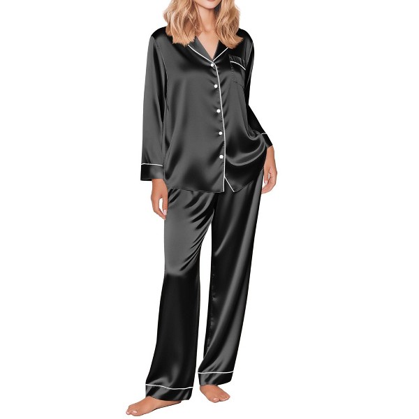 Ekouaer Pijama de Satén de Seda para Mujer, Manga Larga con Botones, 2 Piezas 6