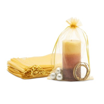 Sparkle and Bash 100 Pack Gold Organza Bags with Drawstring for Gifts, Party Favors (5x12 In)