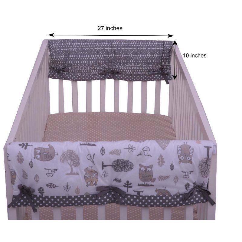 Bacati - Owls Gray/Beige Neutral Cotton Crib Rail Guard Covers set of 2 Small Side, 4 of 7