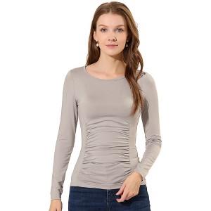 Allegra K Women's Round Neck Long Sleeves Ruched Casual Fitted Top - 1 of 4