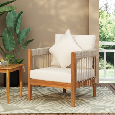 Acacia Wood Patio Accent Chair With Cushions, Outdoor Garden Armchair, Handwoven Rope Outdoor Chair for Garden or Deck - Maison Boucle