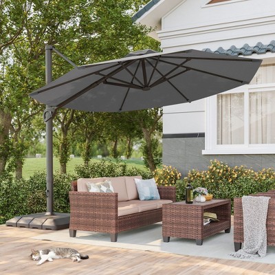 Sonkuki 11FT Outdoor Cantilever Patio Umbrella w/Base and Aluminium Pole, 360° Rotation and Infinite Canopy Angle Adjustment