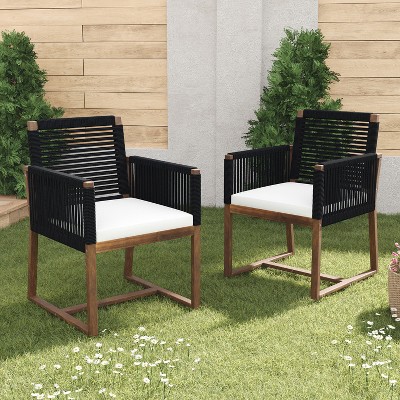 Set of 2 Acacia Wood Outdoor Patio Chairs with Handwoven Rope Back and Arms, Outdoor Dining Chairs with Water-Resistant Cushions, Black - Merax