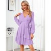 Women's Dress Deep V-Neck Long Sleeve Waist Tie Ruffle Mini Swing Skater Dresses - 4 of 4