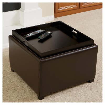 Brown Leather Tray Top Storage Ottoman with Hardwood Frame