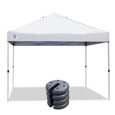 Z-Shade 10 x 10 Foot Straight Leg Canopy Tent with Push Button Locking System and 4 Pack of 5 Pound Plastic Concrete Filled Leg Weight Plates, White