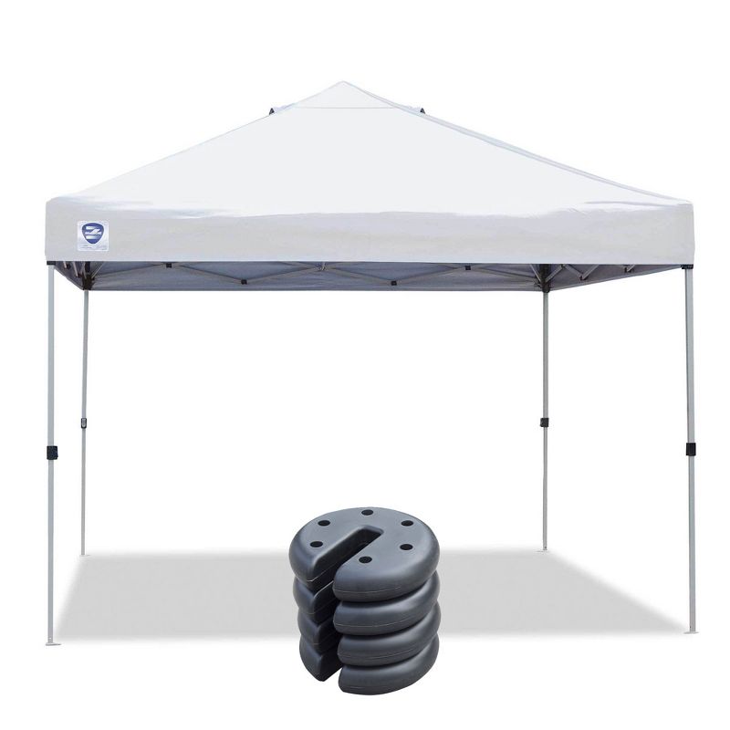 Z-Shade 10 x 10 Foot Straight Leg Canopy Tent with Push Button Locking System and 4 Pack of 5 Pound Plastic Concrete Filled Leg Weight Plates, White, 1 of 6