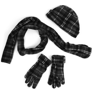 Women's Gray Plaid 3 Piece Fleece Hat, Scarf & Glove Winter Set - 1 of 4