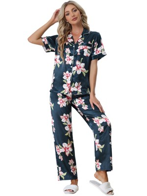 cheibear Women's Printed Short Sleeve Button Down Sleepwear with Pants Pajama Set