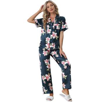 Cheibear Women's Satin Silky Floral Button Down Long Sleeve Sleepshirt With Pants  2-piece Pajama Set Navy Blue Large : Target