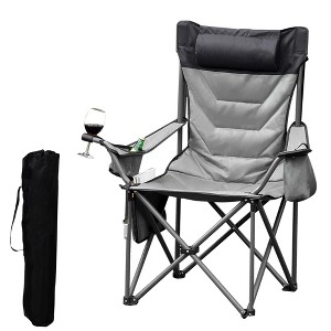 Folding Camping Chair with Padded Seat & Headrest, Portable Outdoor Chair with Cup Holder, Cooler Bag & Storage Pocket for Camping, Picnic, Gray - 1 of 4