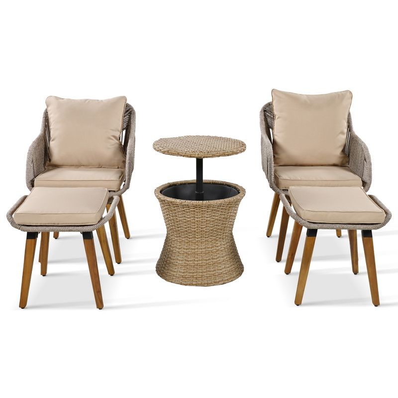 5-Piece Patio Conversation Set with 2 Ottomans, Outdoor Furniture Bistro Set with Wicker Cool Bar Table 4A - ModernLuxe, 5 of 13