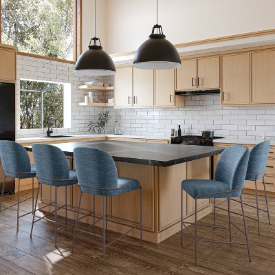 Blakeley Blue Twill 28" Counter Height Barstool with Iron Legs