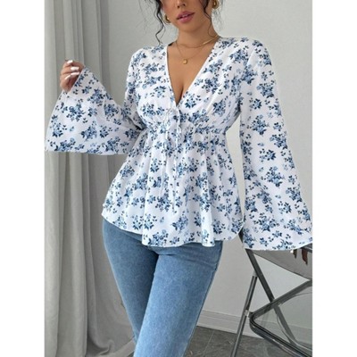 Women's V Neck Floral Print Blouse Bell Long Sleeve Tie Front Casual Shirt Tops