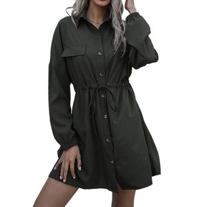 Women's Shirt Dress with Drawstring Waist - Long Sleeve Button-Up Mini Dress with Chest Pockets - 1 of 4