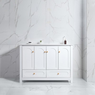 Vynxaria Bathroom Vanity with Integrated Ceramic Basin, Solid Wood Frame and MDF Cabinet, Soft-Close Doors, Transitional Elegance