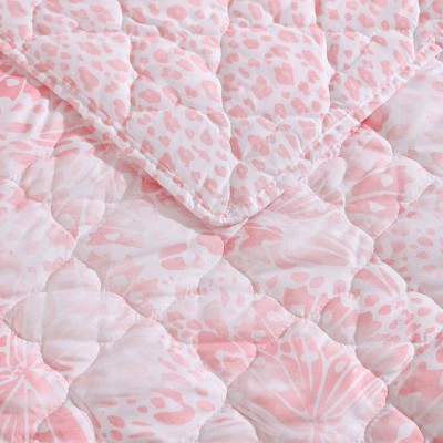 Twin Pink Reversible Microfiber Quilt Set with Butterfly Design