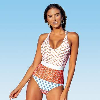 Women's Geo Print Scoop Neck One Piece Swimsuit - Cupshe -Red/White
