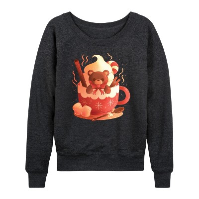 Women's - Instant Message - Holiday Bear Cocoa Mug Lightweight French Terry Wide Neck Long Sleeve Shirt