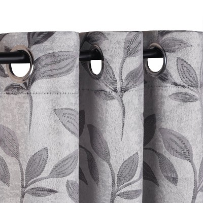 Gray Polyester Blackout Curtains with Leaf Pattern, Set of 2
