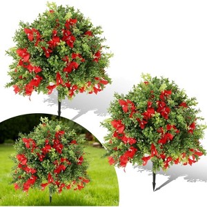 2PCS Artificial Topiary Boxwood Ball Trees with Spike UV Resistant Faux Round Topiary Shrub Plant with Silk Flowers for Porch Outdoor Christmas Decor - 1 of 4