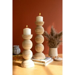 Hand-Carved Wood Candle Holders – Natural Finish 2x Set of 2 by Kalalou - 1 of 3