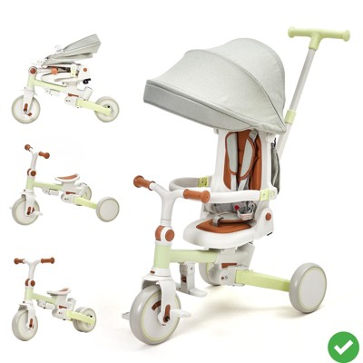 7-in-1 Foldable Baby Tricycle w/ Adjustable Parent Handle – Toddler Trike with Safety Harness, Wheel Brakes