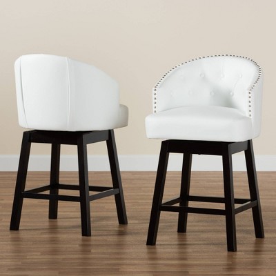 White Faux Leather and Espresso Wood Swivel Counter Stools, Set of 2
